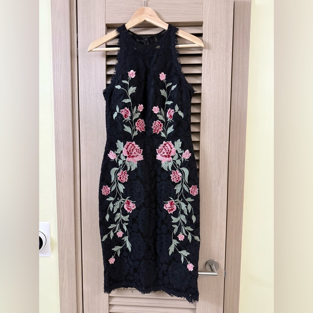 Betsy & Adam Black Dress with Pink Floral Design 6